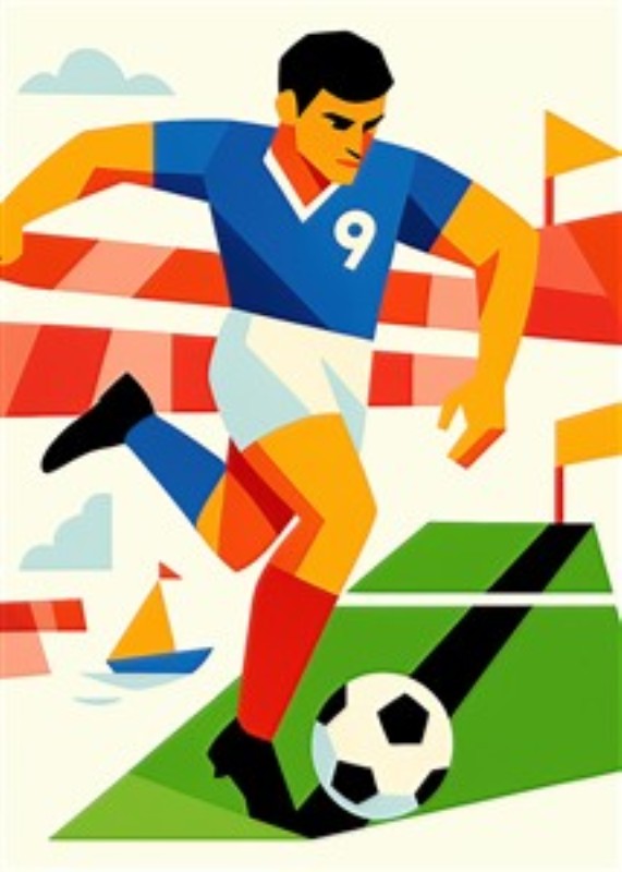 Fodboldspiller i Aktion - Oplev energien i spillet med denne stiliserede illustration af en fodboldspiller i blåt. Perfekt til at inspirere unge fodboldfans og tilføje liv og farve til dit rum.