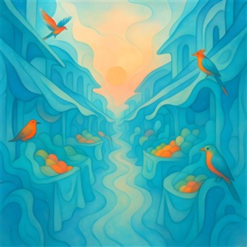 Surrealistisk Marked med Fugle og Frugter - Oplev et magisk univers med denne farverige illustration af et surrealistisk marked. De bløde blå nuancer og de livlige fugle skaber en drømmende atmosfære, der tilføjer liv til dit rum.