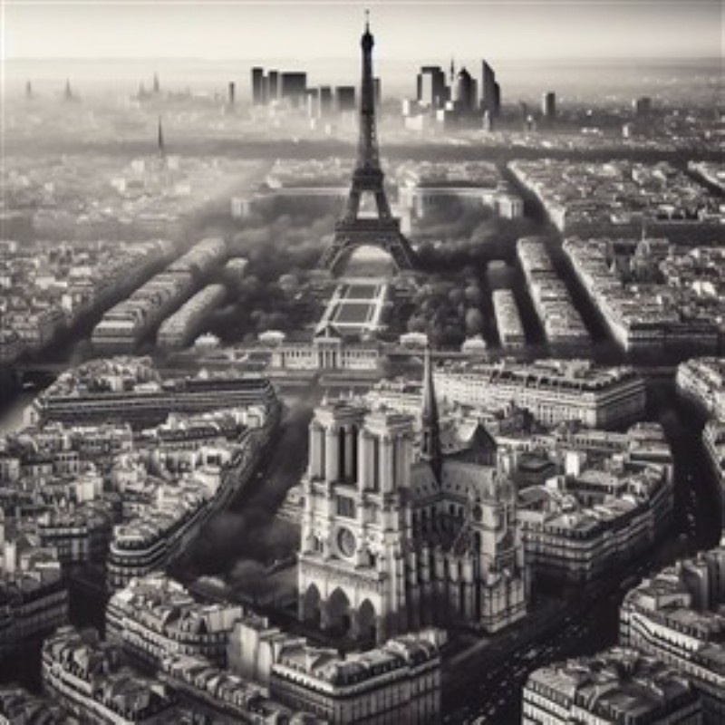 Parisisk Panorama med Eiffeltårnet i Fokus - Oplev Paris i sort-hvid med dette fantastiske panorama, hvor Eiffeltårnet og Notre-Dame stråler i majestætisk skønhed. Et perfekt kunstværk til at bringe den parisisk charme ind i dit hjem.