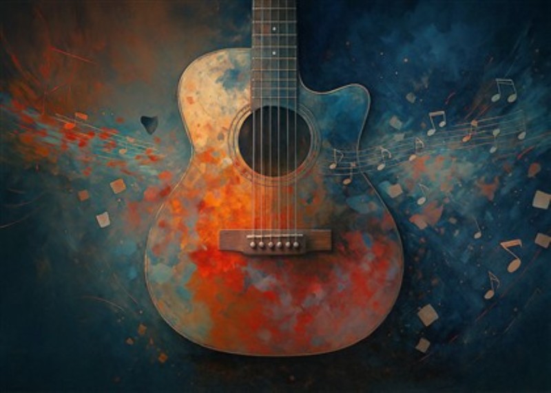 Farverig Akustisk Guitar med Musikalsk Vibe - Oplev den kreative energi i dette kunstværk, hvor en akustisk guitar pryder en farverig, abstrakt baggrund. Dette billede tilføjer liv og musikalitet til ethvert rum, perfekt til musikelskere og kunstentusiaster.