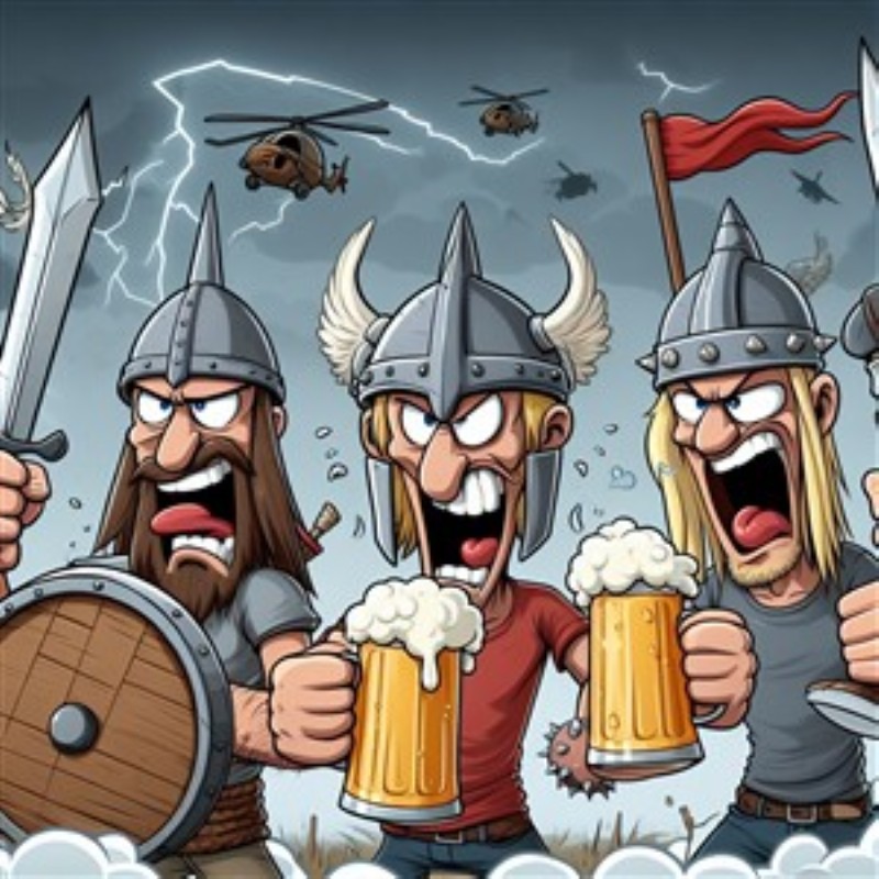 Vikingeølfest i Stormens Tegninger - Giv liv til dit rum med denne livlige plakat, der fanger essensen af en vild vikingefest i et stormfuldt landskab. De farverige karakterer og den humoristiske atmosfære vil skabe en sjov og energisk stemning, perfekt til et spille- eller underholdningsrum.