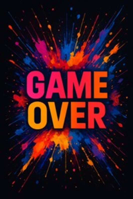 Spændende Game Over Kunstværk - Oplev den dynamiske energi i denne farverige illustration, hvor teksten 'GAME OVER' stråler igennem et sprøjt af livfulde farver. Et perfekt valg til at give ethvert rum karakter og liv.