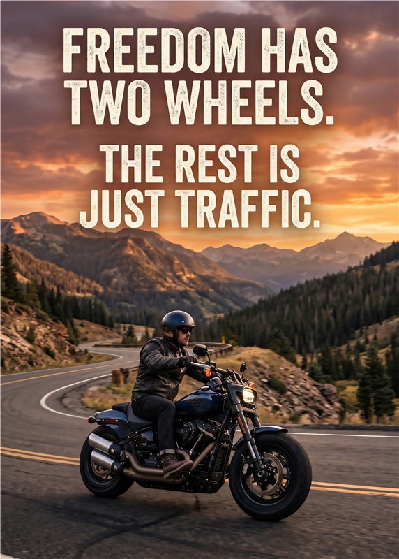 Motorcykelens Frihed: To Hjul, Én Oplevelse - Oplev friheden på to hjul med denne inspirerende plakat, der minder os om, at det der virkelig tæller, er rejsen, ikke trafikken. Perfekt til motorcykelentusiaster, der ønsker at bringe lidt eventyr ind i deres hjem.