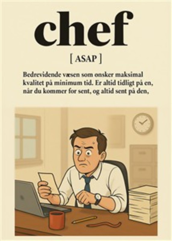 Stresset Chef - En Humoristisk Illustration - Oplev den let humoristiske skildring af en stresset chef, der kæmper med arbejdspresset. Denne illustration tilføjer et sjovt og relatérbart element til ethvert kontormiljø, der minder om travlheden i arbejdsdagen.