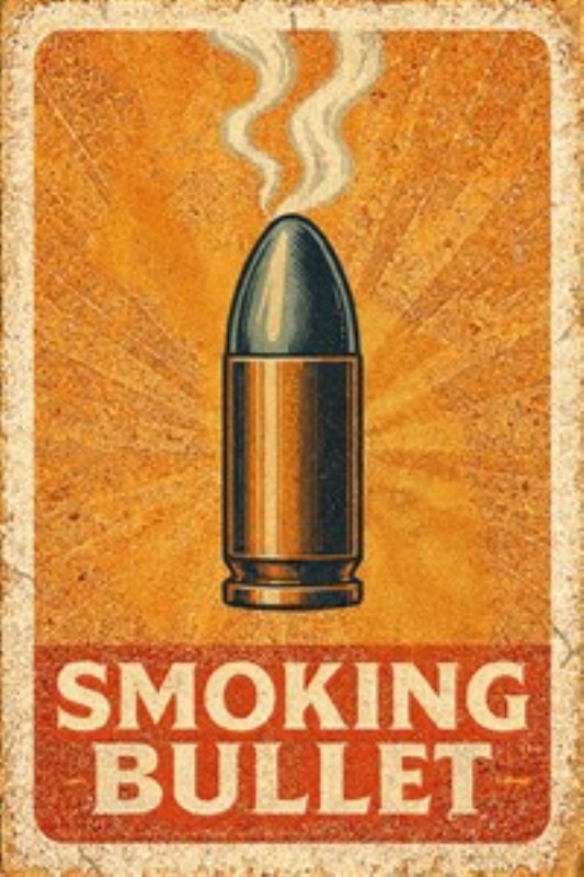 Vintage Rygende Kugle Kunsttryk - Oplev det unikke design med denne vintage rygende kugle mod en varm orange baggrund, der tilføjer karakter og kant til ethvert rum. Perfekt til dem, der elsker retro-stil og iøjnefaldende kunst.