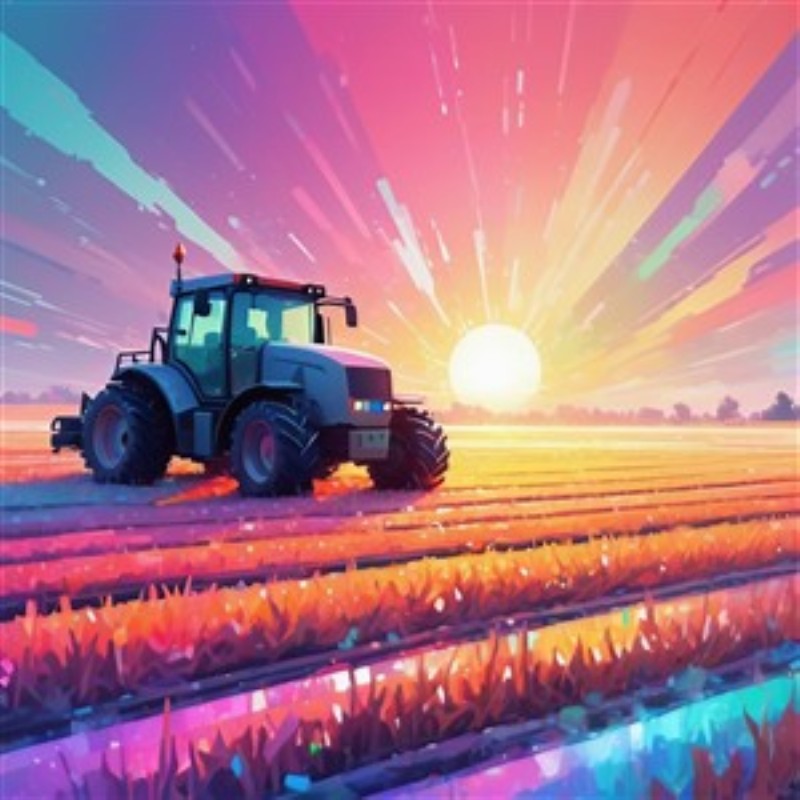 Solopgangslandskab med Traktor - Oplev en betagende solopgang, hvor en traktor arbejder på markerne i et farverigt og livligt landskab. Dette kunstværk tilføjer liv og energi til ethvert rum med sin varme og inspirerende atmosfære.