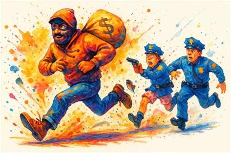 Flug med pengeposen: En farverig fortælling - Oplev en livlig illustration af en tyv i dramatiske øjeblikke, der flygter fra politiet med en pengepose. Den farverige kunst bringer energi og spænding ind i dit hjem.