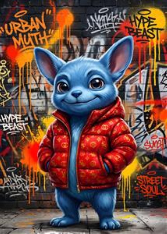 Urban Hype Beast Magi - Oplev den livlige energi i byens gader med denne farverige plakat. Det blå væsen med sin venlige attitude og den iøjefaldende røde pufferjakke tilføjer et skud urban stil, perfekt til ethvert moderne rum.