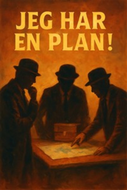 Strategi i skyggerne - Oplev den spændende atmosfære af hemmelige planer, hvor tre silhuetter diskuterer en strategisk kortlægning. Dette kunstværk tilføjer en mystisk og intellektuel stemning til dit hjem.