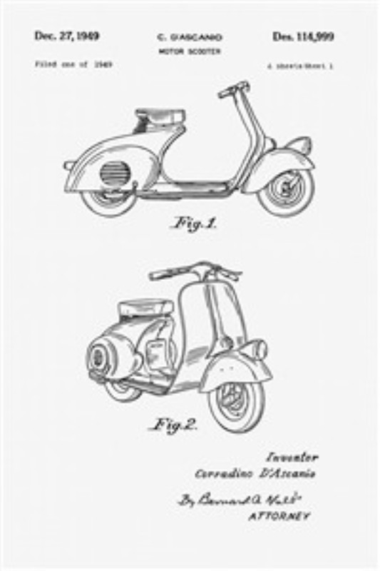 Vintage Scooter Patenttegning fra 1969 - Oplev den tidløse charme fra 1969 med denne fantastiske patenttegning af scooter-design. Illustrationerne fremhæver detaljer og elegance fra en svunden tid, perfekt til enhver cykelentusiast eller nostalgiker.