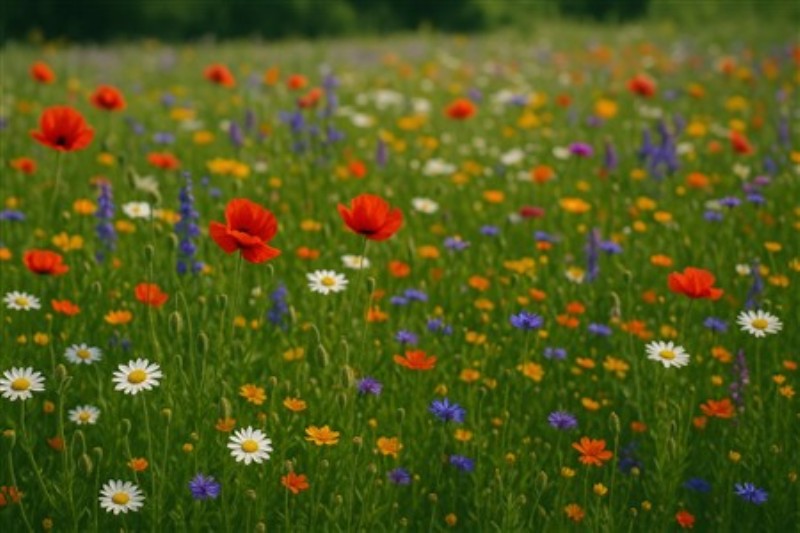 Livlig blomstereng i farverig flor - Oplev skønheden i en farverig blomstereng, hvor røde, hvide og lilla blomster blomstrer i fuld flor. Dette livlige motiv bringer naturens skønhed ind i dit hjem og skaber en lys og inspirerende atmosfære.