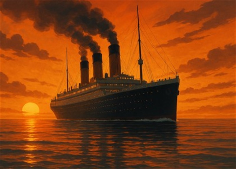 Titanic i solnedgangens glød - Oplev den betagende skønhed ved Titanic, der sejler mod en glorværdig solnedgang. Dette maleriske motiv bringer en stemning af nostalgi og eventyr ind i dit hjem.