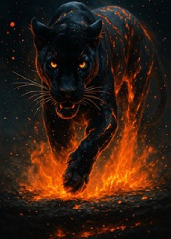 Panter i Flammehav - Oplev den dramatiske skønhed i en sort panter, der majestætisk bevæger sig gennem glødende flammer. Denne illustration tilføjer en kraftfuld atmosfære til dit rum og er perfekt til dem, der elsker det vilde og eventyrlige.