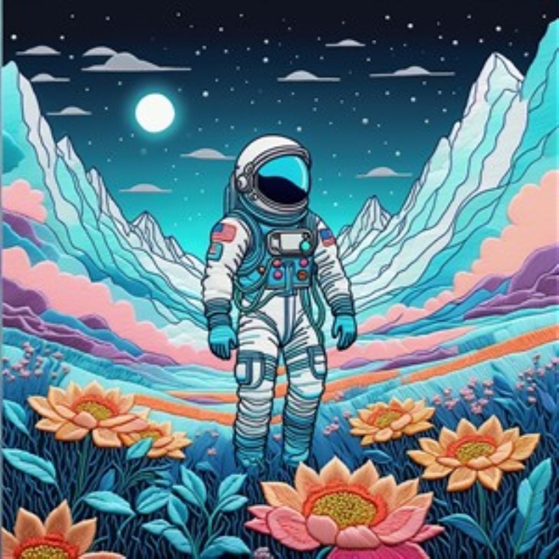 Astronaut i et Farverigt Univers - Oplev et betagende og surrealistisk landskab, hvor en astronaut står blandt blomster under en stjerneklar nattehimmel. Dette kunstværk tilføjer en drømmende og fantasifuld atmosfære til dit hjem.