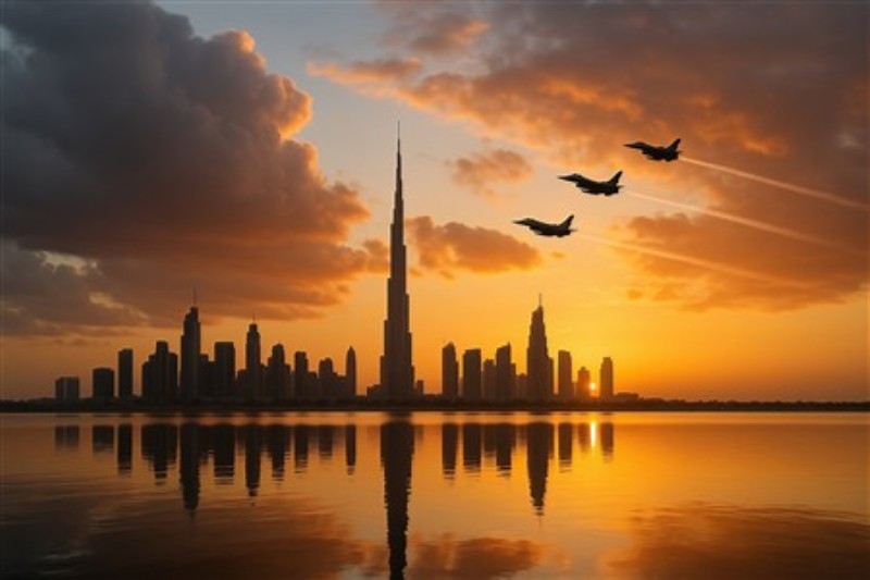 Storslået Solnedgang over Dubai - Oplev den fantastiske skønhed i Dubai med denne betagende plakat af en solnedgang, der kaster gyldne nuancer over byens ikoniske skyline. Flyene, der svæver majestætisk hen over vandet, tilføjer en dramatisk effekt, der gør dette kunstværk til et perfekt fokuspunkt i ethvert rum.