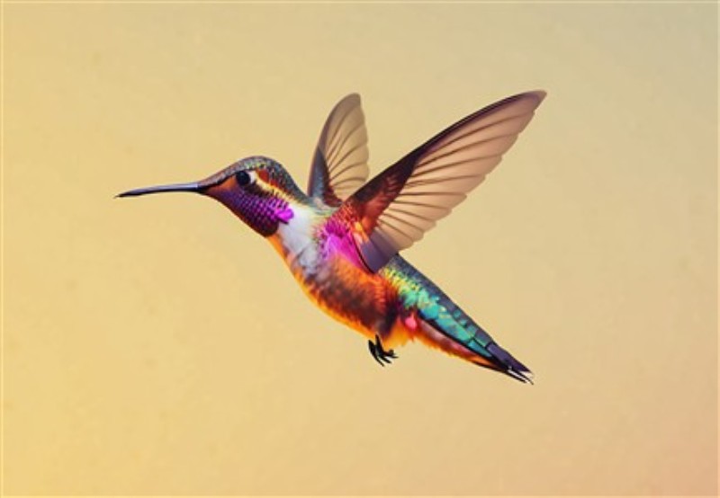 Svævende Kolibri med Farverige Fjer - Oplev skønheden af naturen med denne fantastiske kolibri, der svæver elegant mod en blød, drømmerisk baggrund. De strålende farver vil lyse op i ethvert rum og bringe liv og glæde ind i dit hjem.