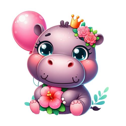 Sødt hippo med ballon og blomster