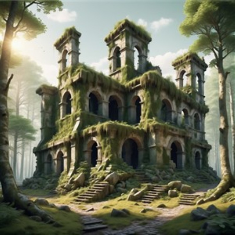 Mysteriet om det Forladte Slot - Oplev det fortryllende og mystiske forladte slot, der smukt er dækket af mos og omfavnet af en frodig skov. Denne indbydende illustration skaber en drømmende atmosfære, perfekt til at vække fantasien.