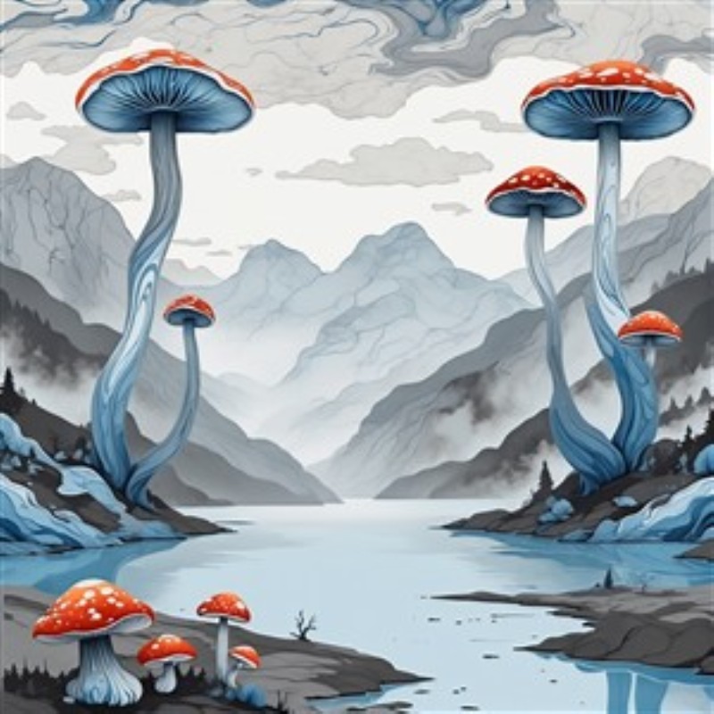 Surrealistiske svampe ved bjergsøen - Oplev en magisk verden med farverige svampe, der strækker sig mod himlen ved en stille bjergsø. Denne surrealistiske scene vil tilføje en drømmende atmosfære til dit hjem.