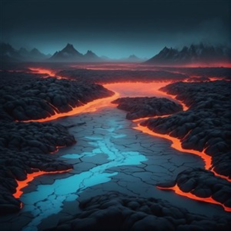 Surrealistisk Lavaflod med Blå Kontrast - Oplev det dramatiske samspil mellem glødende lava og en fortryllende blå flod i dette surrealistiske landskab. Denne fantastiske plakat skaber en unik atmosfære, der vil fascinere enhver besøgende.