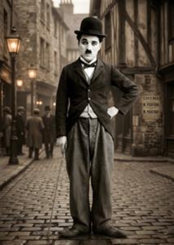 Chaplin i Gadebilledet - Oplev den tidløse charme med dette sepia-tonede billede af Charlie Chaplin. Med sin ikoniske påklædning og selvsikre fremtoning tilføjer han unik karakter til din indretning og skaber en nostalgisk stemning i ethvert rum.