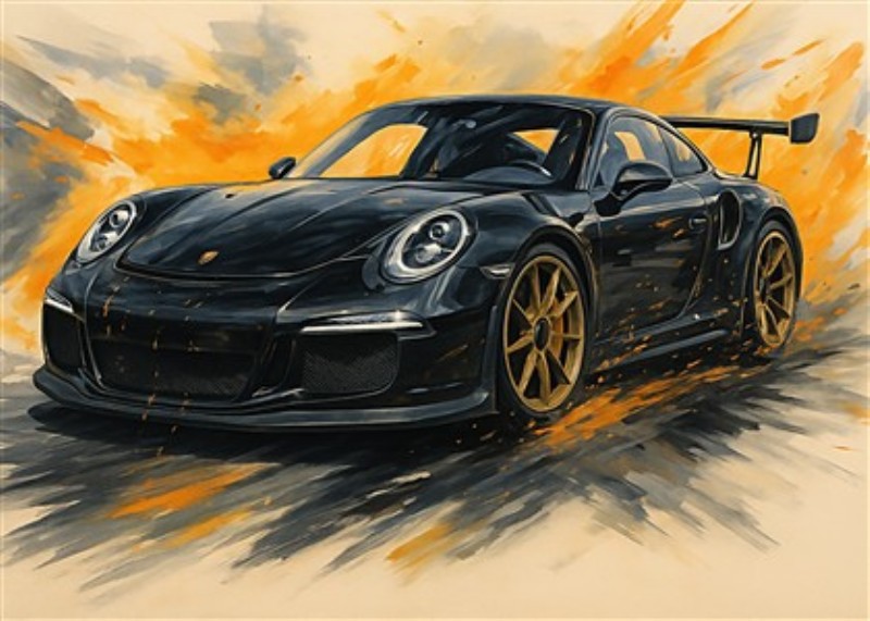 Dynamisk Porsche i Racing Action - Oplev kraften og elegance i denne fantastiske illustration af en sort Porsche med guld detaljer. Den farverige baggrund og dynamiske bevægelser giver liv til bilens sporty udtryk, perfekt til enhver bilentusiast.