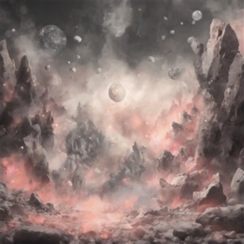 Surrealistisk Landskab med Klipper og Planeter - Oplev et drømmende univers med klippeformationer og svævende planeter i en tåget og mystisk atmosfære. Dette kunstværk forkæler dine sanser og inviterer til refleksion i dit hjem.