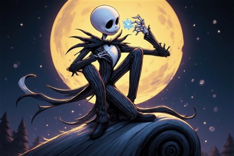 Jack Skellington under Månen - Fantastisk Kunstplakat - Træd ind i en magisk verden med denne imponerende plakat af Jack Skellington, der sidder under en strålende måne. Atmosfæren er fyldt med charme og mystik, perfekt til at tilføje et strejf af eventyr til dit hjem.