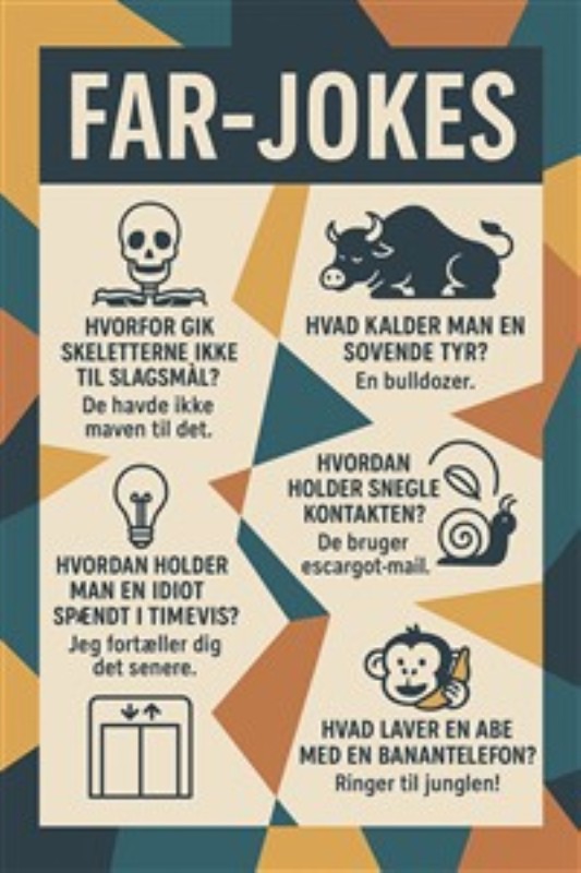 Sjove Far-jokes til hele familien - Løft stemningen i hjemmet med denne farvittige plakat fyldt med sjove jokes, der får alle til at grine. Perfekt til både unge og gamle, vil disse jokes bringe skønne minder og latter til enhver lejlighed.