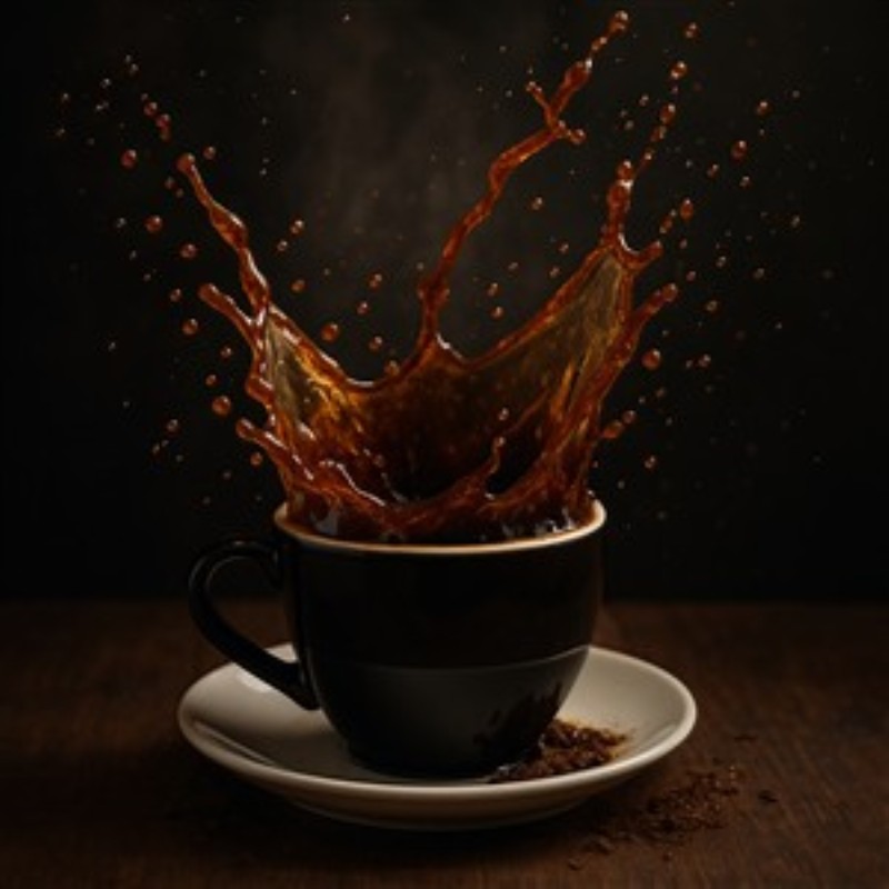 Kaffens Drama i Mørket - Oplev den dybe skønhed af kaffe, der springer majestætisk op fra en sort kop, i en dramatisk og livlig bevægelse. Dette billede fanger essensen af morgenens energi og vil være et perfekt fokuspunkt i dit hjem.