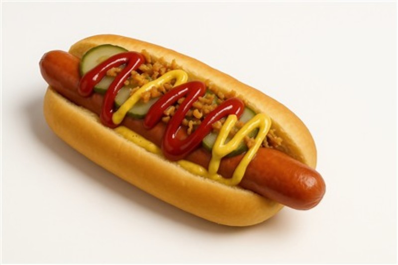 Lækker Hotdog med Farverige Toppings - Forvandl din indretning med denne appetitlige hotdog, der stråler af livligt farver. Perfekt til at vække sulten og skabe en sjov stemning i dit hjem.