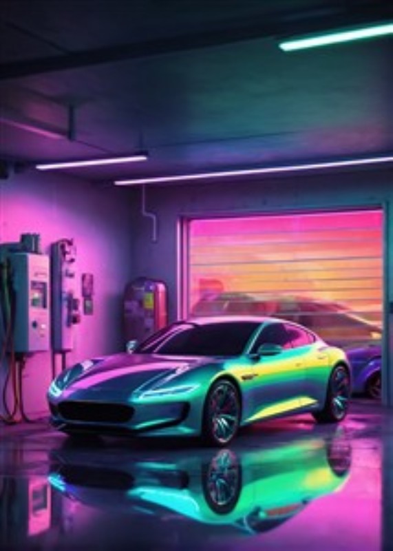 Neonlagt futuristisk sportsvogn i garage - Oplev en futuristisk sportsvogn fanget i et farverigt neonlys, der giver den en dramatisk fremtoning. Denne plakat skaber et moderne og spændende udtryk i dit hjem.