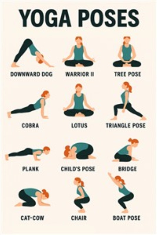 Yogaens Skønhed: 12 Inspirationer til Din Praksis - Oplev de magiske yoga stillinger med denne farverige illustration. Fra Downward Dog til Lotus, bring ro og balance ind i dit hjem med et kunstnerisk element, der inspirerer til mindfulness og bevægelse.