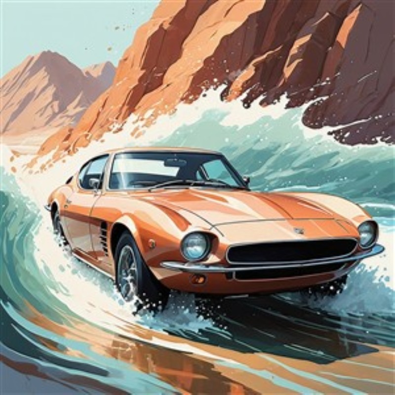 Kraftfuld sportsvogn i bølger - Oplev intensiteten af en klassisk sportsvogn, der cruises gennem de brusende bølger. Denne farverige illustration tilfører dynamik og liv til dit rum, perfekt til bilentusiaster og eventyrere.