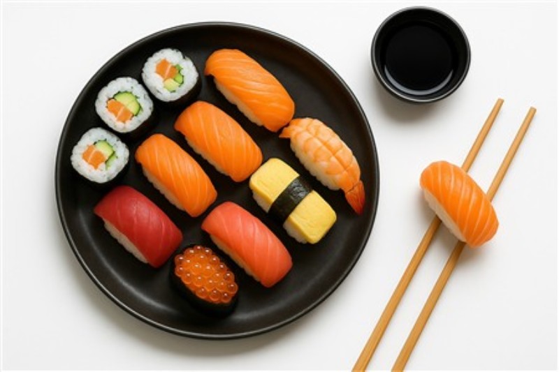 Sushi Delights på Sort Tallerken - Forkæl dine sanser med et fristende udvalg af sushi, der inkluderer nigiri, maki og sashimi. Den elegante sorte tallerken fremhæver de varme og friske farver, hvilket skaber en indbydende atmosfære i dit hjem.
