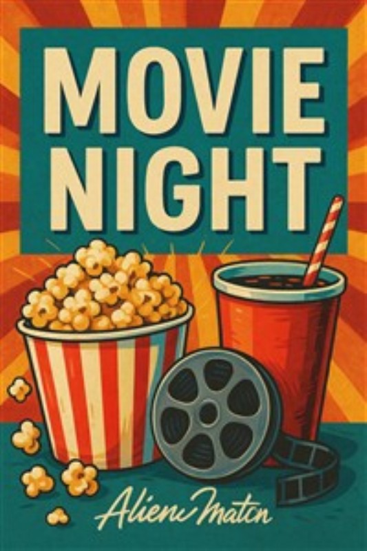 Film- og Popcornfest: Nattens Underholdning - Gør dig klar til en uforglemmelig film aften med vores farverige plakat, der indfanger stemningen af popcorn, sodavand og hygge! Ideel til at sætte gang i en sjov aften med venner og familie.